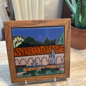 Colorful Ceramic Tile Art in Wooden Frame Middle East Christian Religious Scene